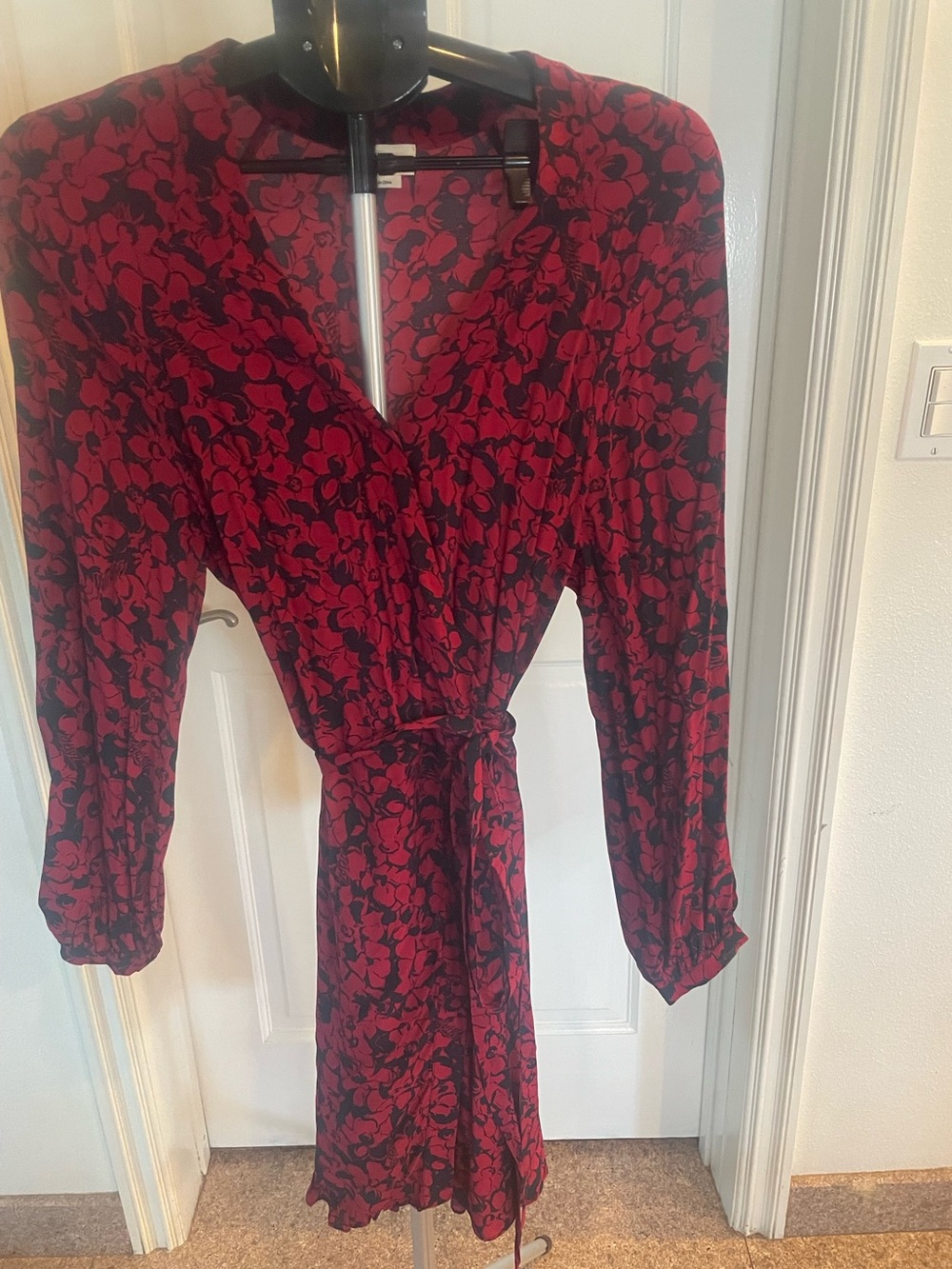 Zadig & Voltaire Red and Black Floral Long Sleeve Wrap Dress